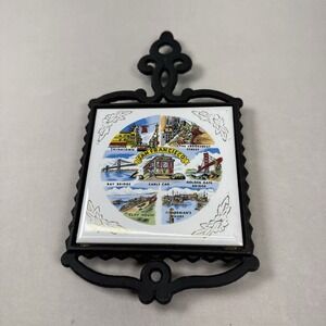 Vintage Tile Cast Iron Trivet San Francisco SNCO Japan Cable Car Chinatown 9.25"
